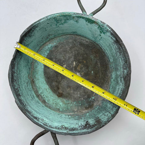 Vintage Copper Pot Primitive Rustic Verdigris Patina Iron Handles 11" Bowl
