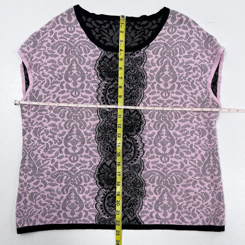 Basler Women's Pink Black Lace Print Cardigan & Top 2pc Twin Set Sz 46