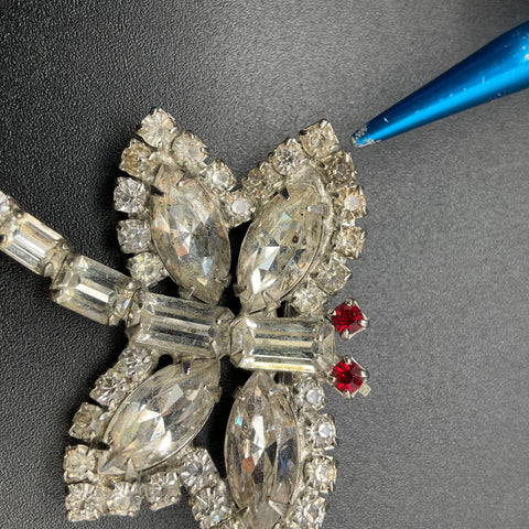 Vintage Weiss Dragonfly Brooch Pin Silver Tone Rhinestone Red Eyes 2"