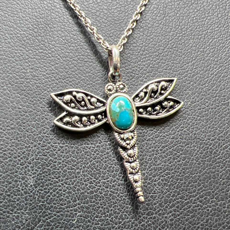 925 Sterling Silver Turquoise Dragonfly Pendant Necklace
