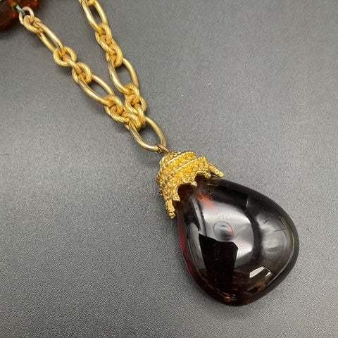 Vintage Mid-Century Gold Tone Faux Tortoiseshell Glass Teardrop Pendant Necklace