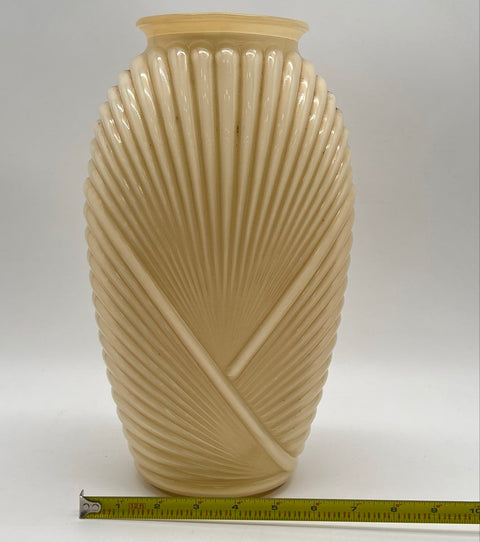 Art Deco Custard Glass Vase Large 13 Inch Sunburst Fluted Fan Motif Vintage