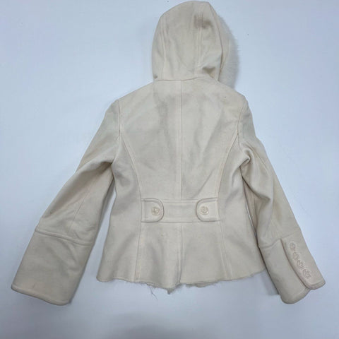 Vintage Y2K Moda International Women's Cream Faux Fur Trim Hooded Jacket Coat S