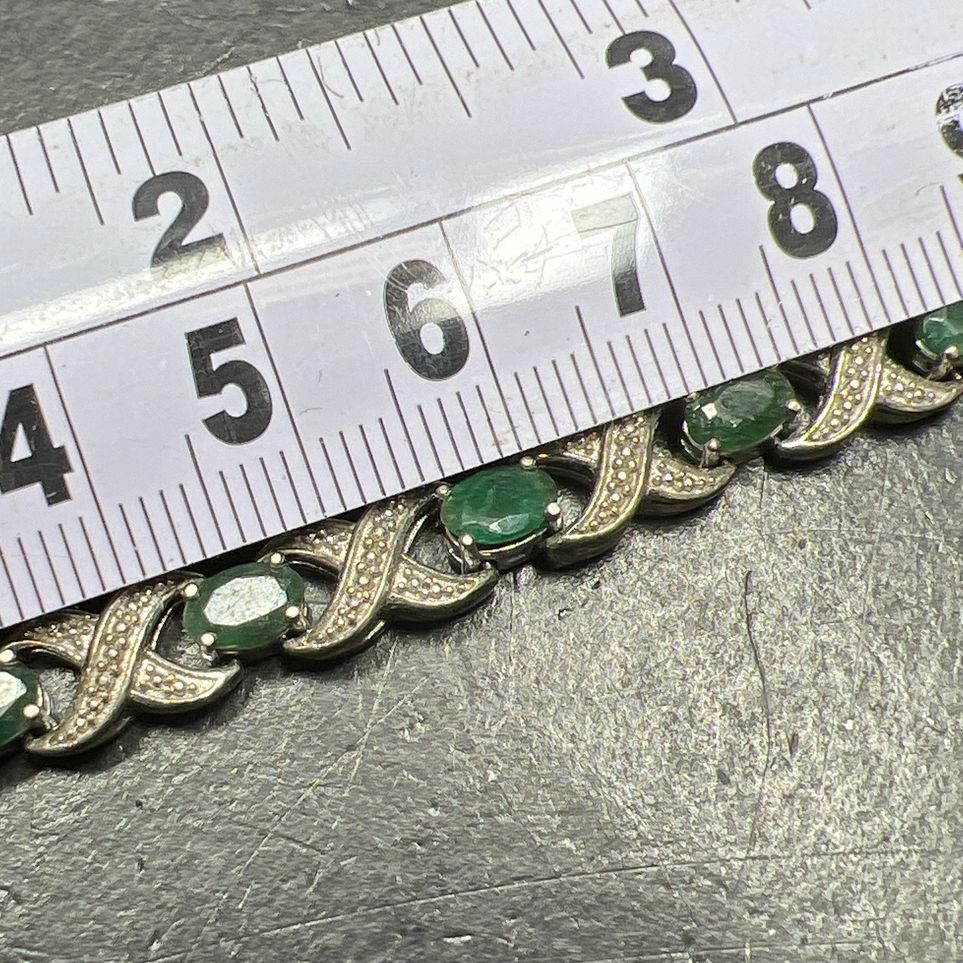 Sterling Silver Green Stone & Diamond Accent Tennis Bracelet 12.3g