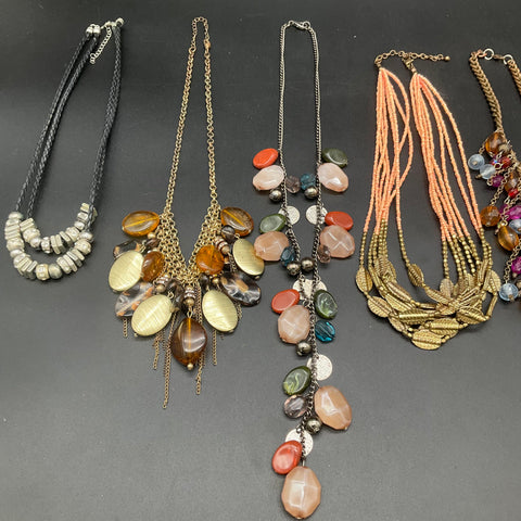 Statement Costume Jewelry Lot of 7 Necklaces Beaded Gold Tone Silver Tone Boho