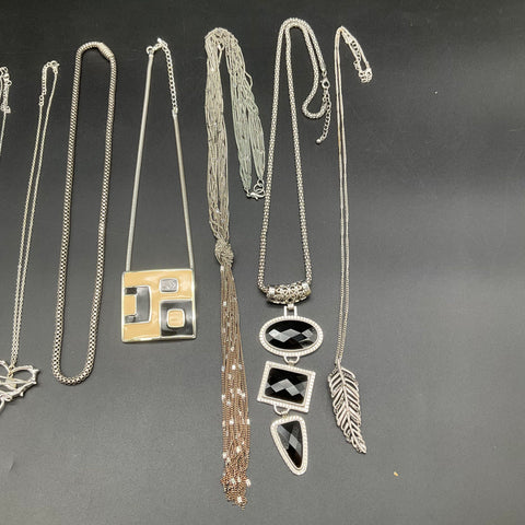 Silver Tone Jewelry Lot 9 Necklaces Boho Geometric Moon Heart Feather Tassel
