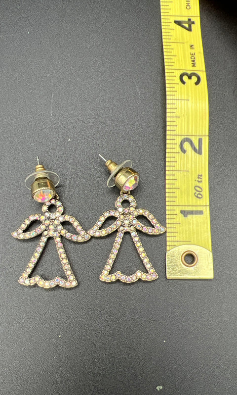 Heidi Daus Signed Gold Tone AB Crystal Pave Angel Dangle Earrings 1.5"