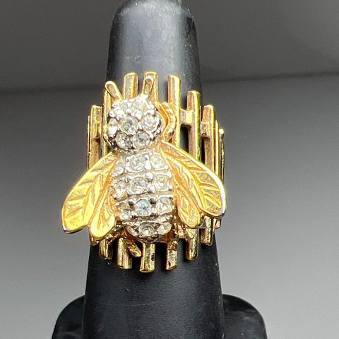 Vintage Jonette FG Gold Plate Rhinestone Bee Statement Ring Cage Band Sz 6.5
