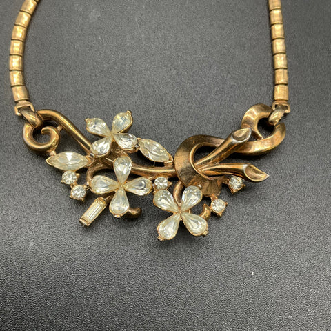 Vintage Trifari Alfred Philippe Gold Tone Rhinestone Floral Necklace 14.5"
