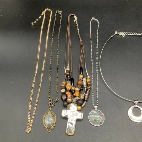 Eclectic Bohemian Statement Necklace Jewelry Lot of 9 Cross Pendant Shell Beads