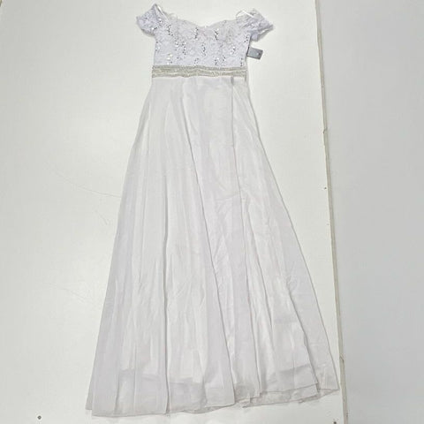 Vintage Y2K La Scala NWT White Sequin Lace Off Shoulder Maxi Dress Women's M
