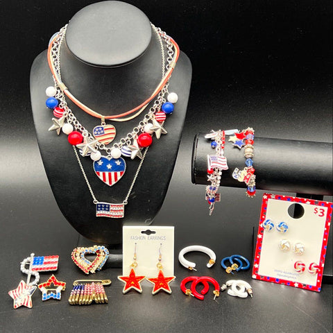 Patriotic 4th of July Costume Jewelry Lot Necklaces Bracelets Earrings Brooches