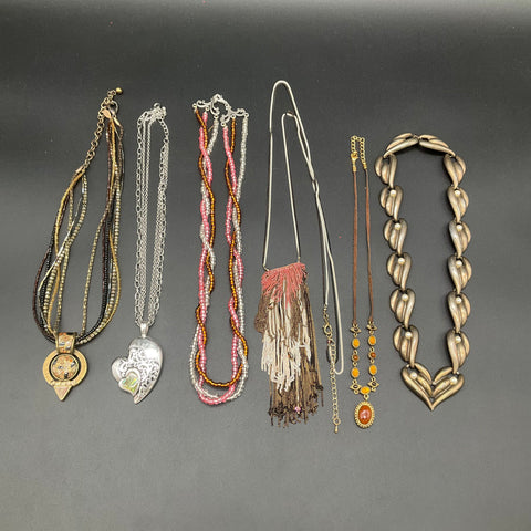 Vintage and Modern Costume Jewelry Lot 6 Necklaces Faux Pearl Heart Abalone
