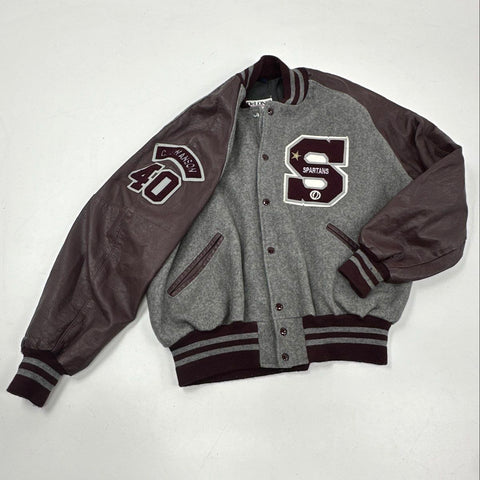 Vintage 90s DeLong Men's Varsity Letterman Jacket Grey Burgundy Spartans Sz XL