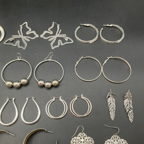 Silver Tone Fashion Jewelry Earring Lot 19 Pairs Hoops Dangles Butterfly Boho