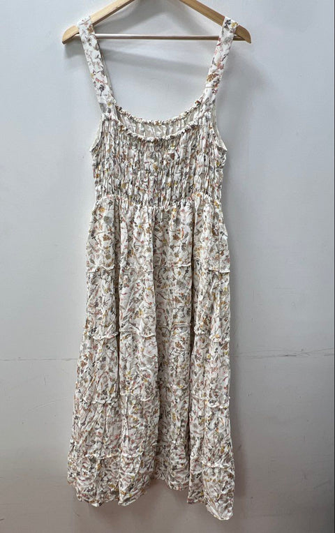Sansia Women's Cream Floral Smocked Bodice Tiered Sleeveless Midi Dress M