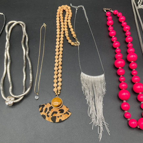 Statement & Fashion Necklace Jewelry Lot of 7 Pink Silver Tone Wood Beads