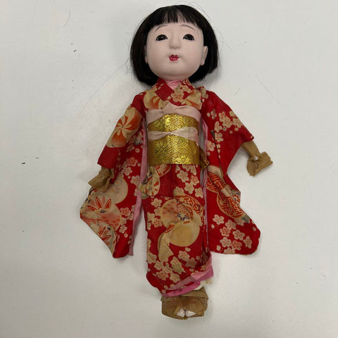 Vintage Japanese Ichimatsu Doll Red Floral Kimono Gofun Glass Eyes Collectible