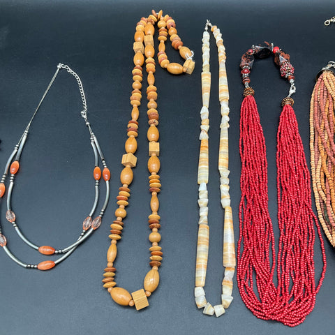 Vintage to Modern Costume Jewelry Lot 8 Necklaces Beaded Wood Shell Bohemian