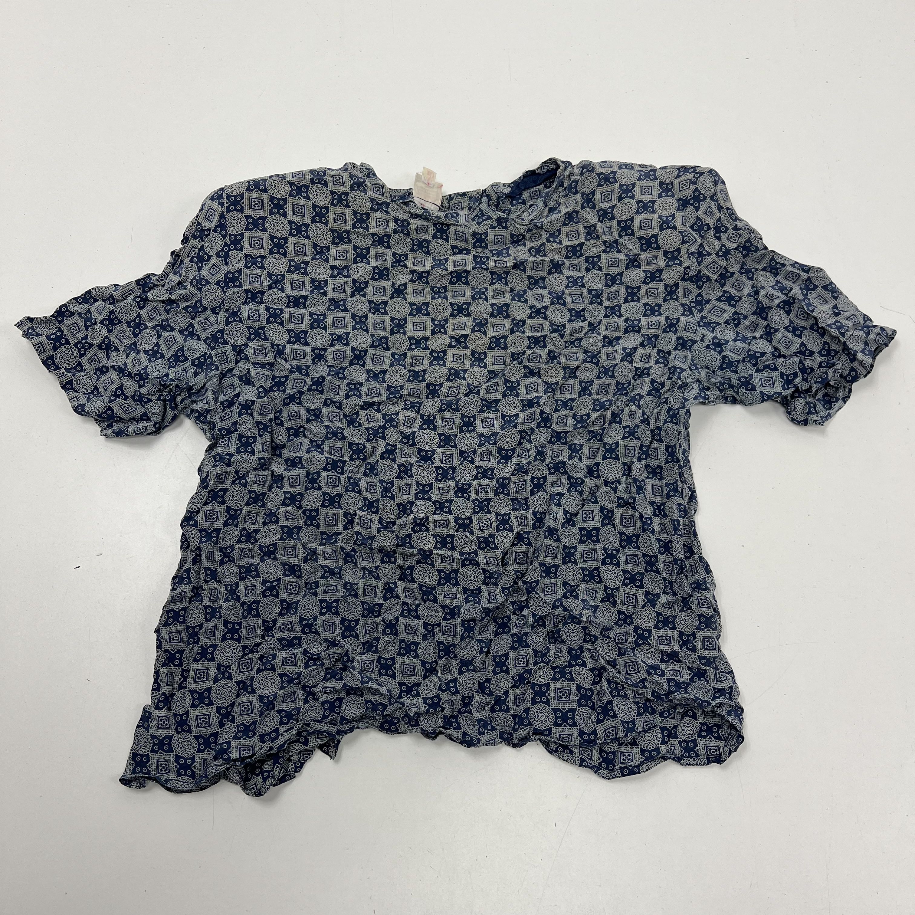 Vintage 90s Nordstrom Blue Geometric Print Silk Crinkle Blouse Women's 16