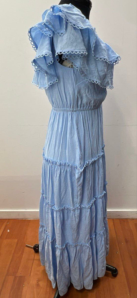 Crown & Ivy Women's Jazz Blue Ruffle Eyelet Tiered Maxi Dress NWT Size L