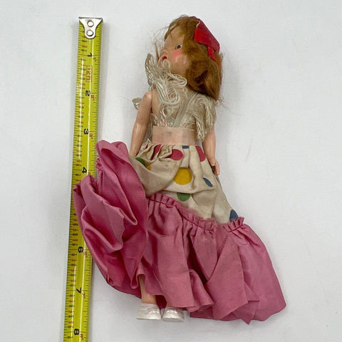 Vintage Doll Hard Plastic Polka Dot Pink Ruffle Dress 8 Inch Mid-Century