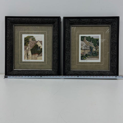 Tom Caldwell Signed Prints English Cotswold Cottages Framed Set of 2 18x20