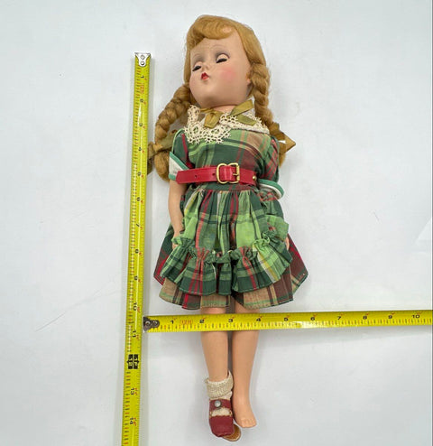 Vintage R&B Doll Hard Plastic Blonde Braids Plaid Dress 11.5" Made in USA