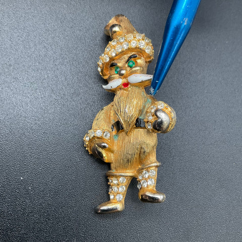 Vintage 1960s Weiss Gold Tone Rhinestone Santa Claus Christmas Brooch Pin
