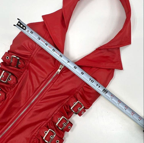 Lydia U.S.A. Women's Red Halter Full Zip Ruched Mini Dress Buckles Sz S