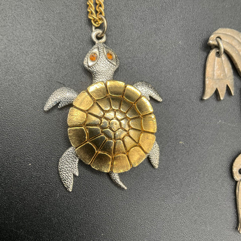 Vintage Articulated Turtle Pendant Necklaces Lot of 2 Silver and Gold Tone