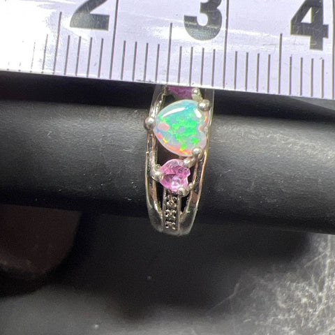 925 Sterling Silver Heart Opal, Pink Topaz & Sapphire Accent Ring Size 5.75g