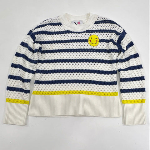 Kerri Rosenthal Women's Sweater White Blue Striped Open Knit Smiley Patch XS
