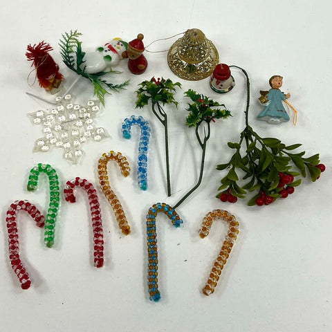 Vintage Christmas Decor Lot Candy Canes Figurines Snowflake Holly Picks