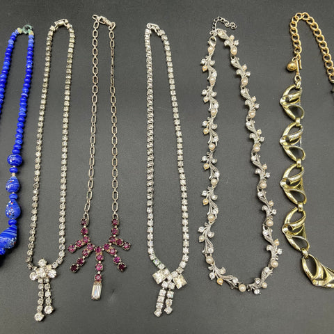 Vintage Mid-Century Costume Jewelry Lot 7 Necklaces Rhinestone Beaded