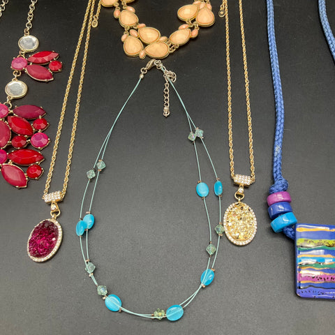Vintage & Modern Fashion Costume Jewelry Lot 10 Necklaces Bib Pendant Red Blue