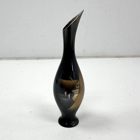 Vintage Bronze Vase Japanese Style Etched Design Asymmetric Bud Vase 6"
