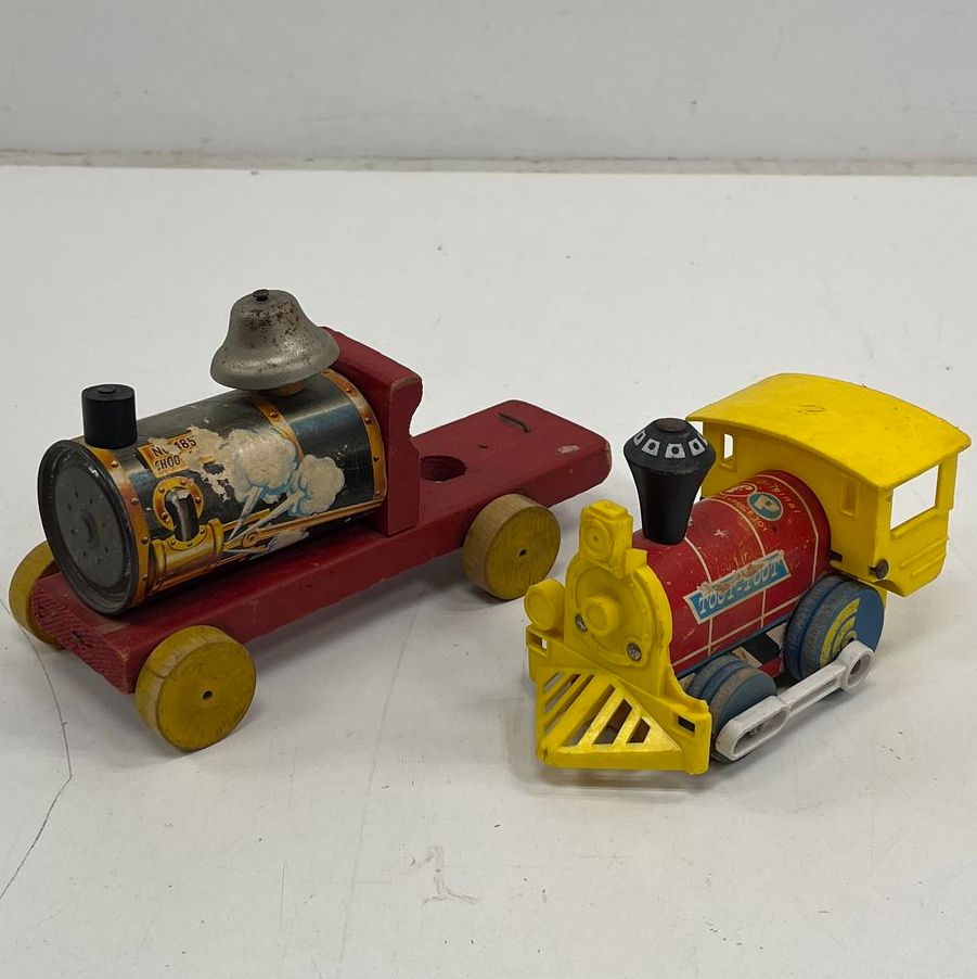 Vintage 60s Fisher Price Wood Pull Toy Train Lot Toot-Toot & No. 485 Choo Choo