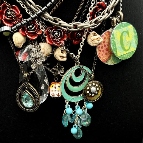 Steampunk Gothic Costume Jewelry Lot Abalone Shell Inlay Skulls Roses Necklaces