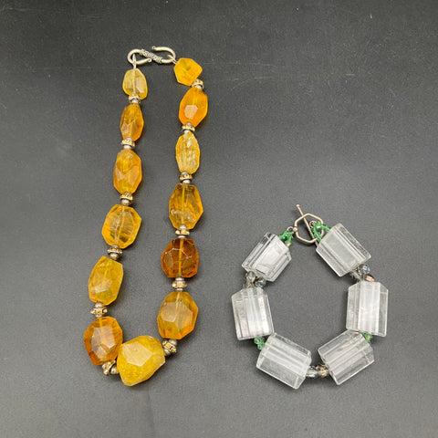 Yellow Stone Necklace & Clear Block Bead Bracelet Costume Jewelry Lot 2pc