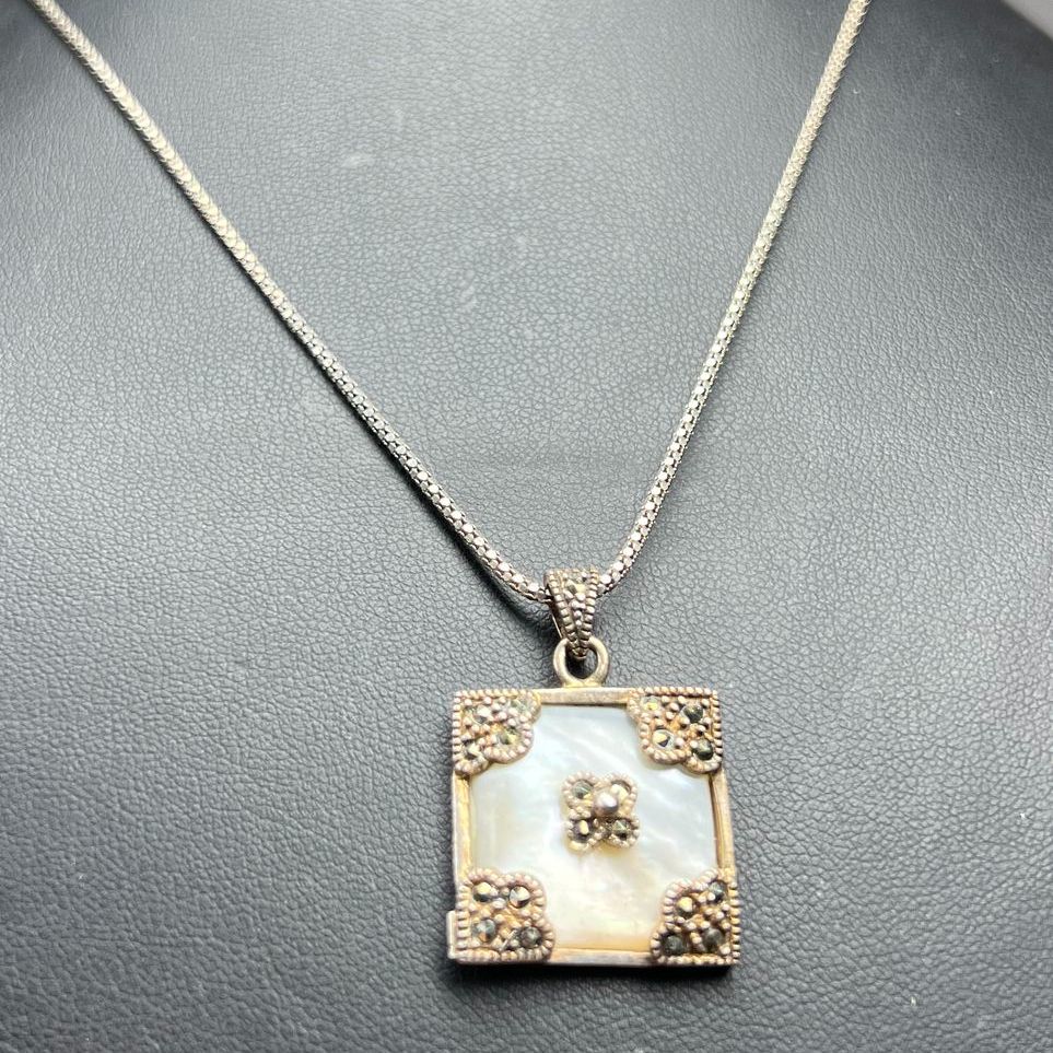 Sterling Silver Square Mother of Pearl & Marcasite Accent Necklace