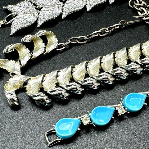 Vintage Silver Tone Jewelry Lot of 4 Botanical Leaf Blue Cabochon Rhinestone