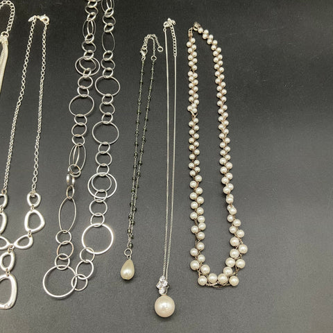 Mixed Silver Tone & Faux Pearl Costume Jewelry Lot 11 Pcs Necklaces Earrings