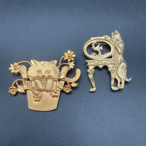 Vintage Gold Tone Cat Brooches Lot of 2 Feline Garden and Fence Designs