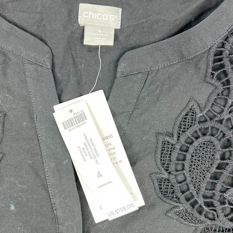 Chico's Embroidered Flutter Sleeve Short Dress Black Cotton NWT Sz 4