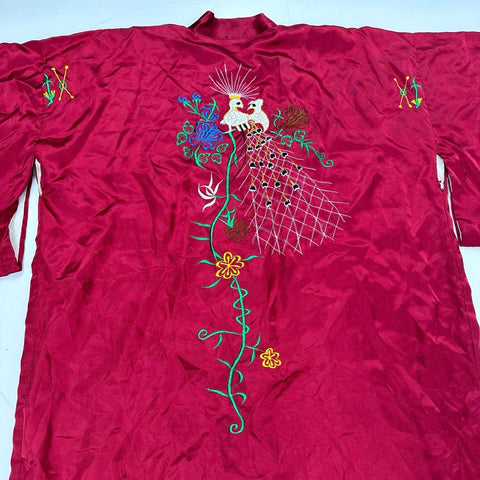 Vintage 80s Peacock Embroidered Satin Robe Kimono Frog Closure Burgundy Sz L