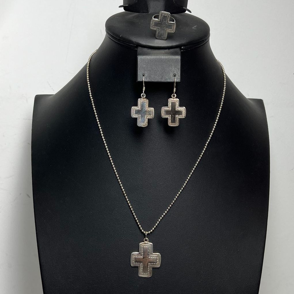 925 Sterling Silver Southwestern Style Cross Necklace Ring Earrings Set 15.5g