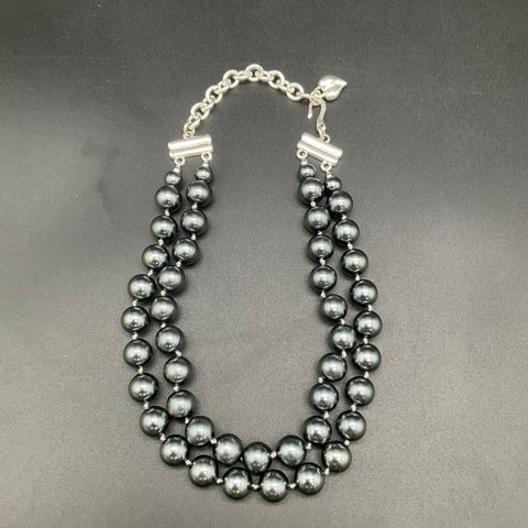 Carolee Dark Grey Faux Pearl Double Strand Necklace Silver Tone Heart Tag 16"