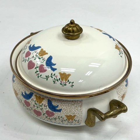 Vintage Country Bird Heart Enamelware Casserole Dish w/ Lid Brass Handles