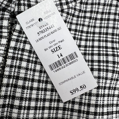 WHBM NWT Black White Mini Plaid Band Collar Jacket Women's Size 14